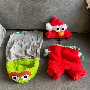 Pair of Sesame Street small/medium dog costumes, Elmo Santa and Oscar the Grouch